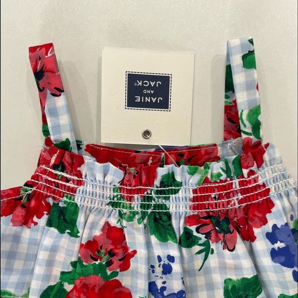 NWT Janie & Jack Floral Gingham Ruffle Spaghetti Straps Shirt Sz 3/6 M - Picture 2 of 4
